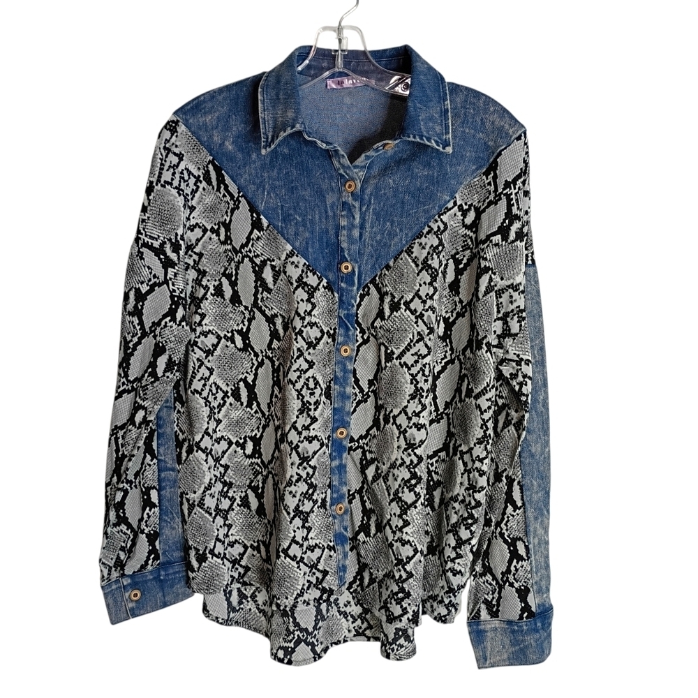 Lalavon -Denim and Snake Print Shirt - Small
